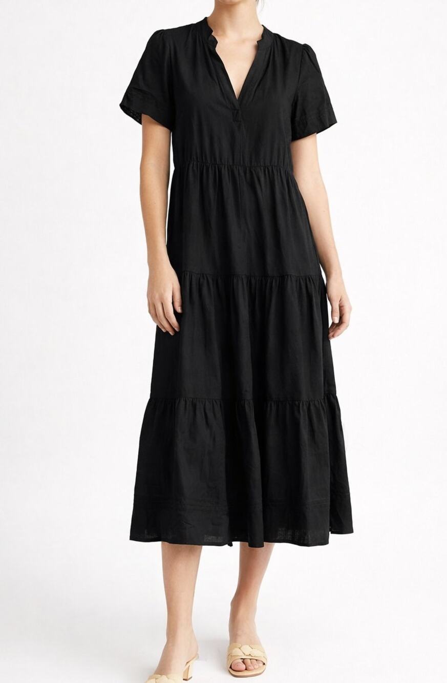 Cynthia Rowley Tiered Linen Blend Short Sleeve Midi Dress Black Small